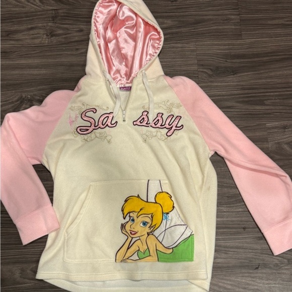 Disney Tops - Disney Tinker Bell Y2K Pink and White Hooded Sweatshirt‎ – 1/4 Zip – Size 1XL